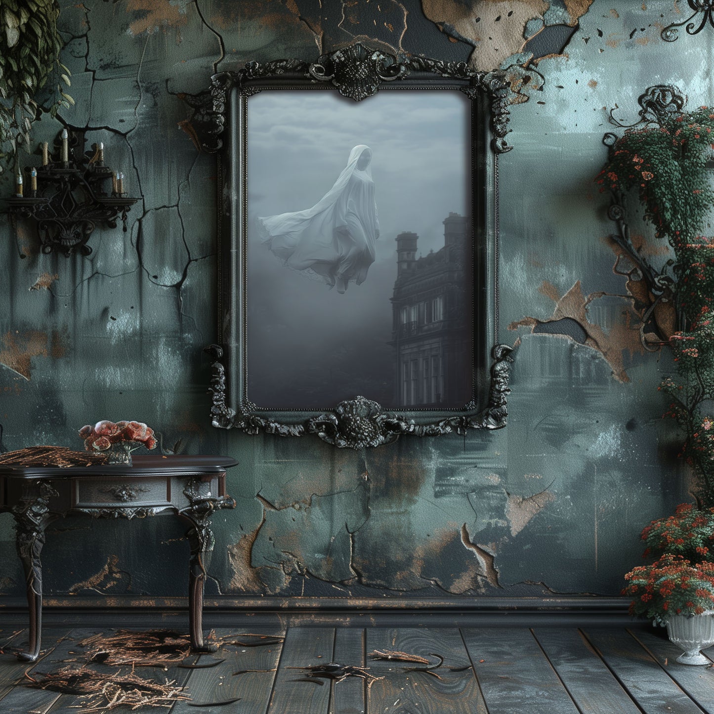 Eerie Floating Ghost Wall Art - Haunted Castle Poster Print