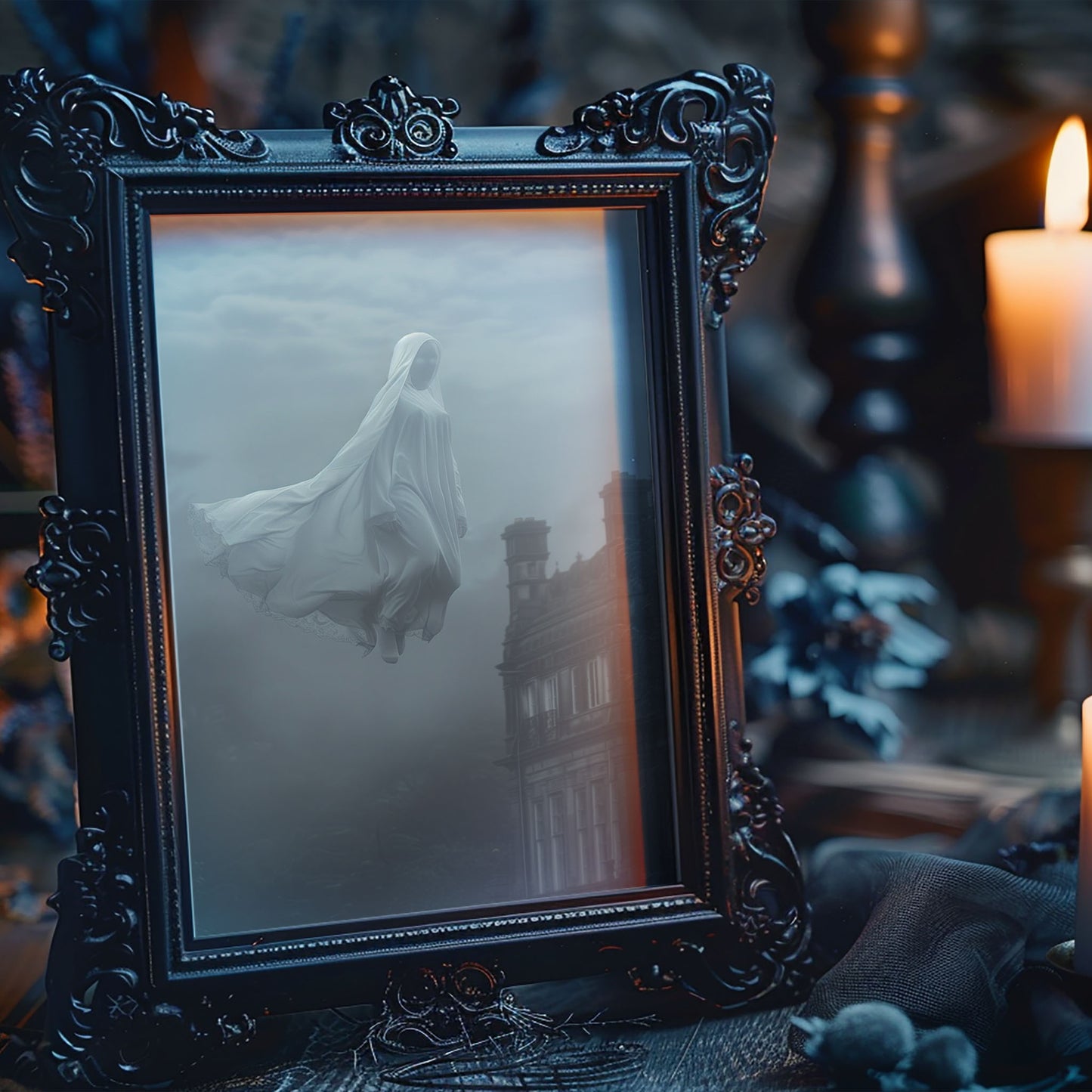 Eerie Floating Ghost Wall Art - Haunted Castle Poster Print