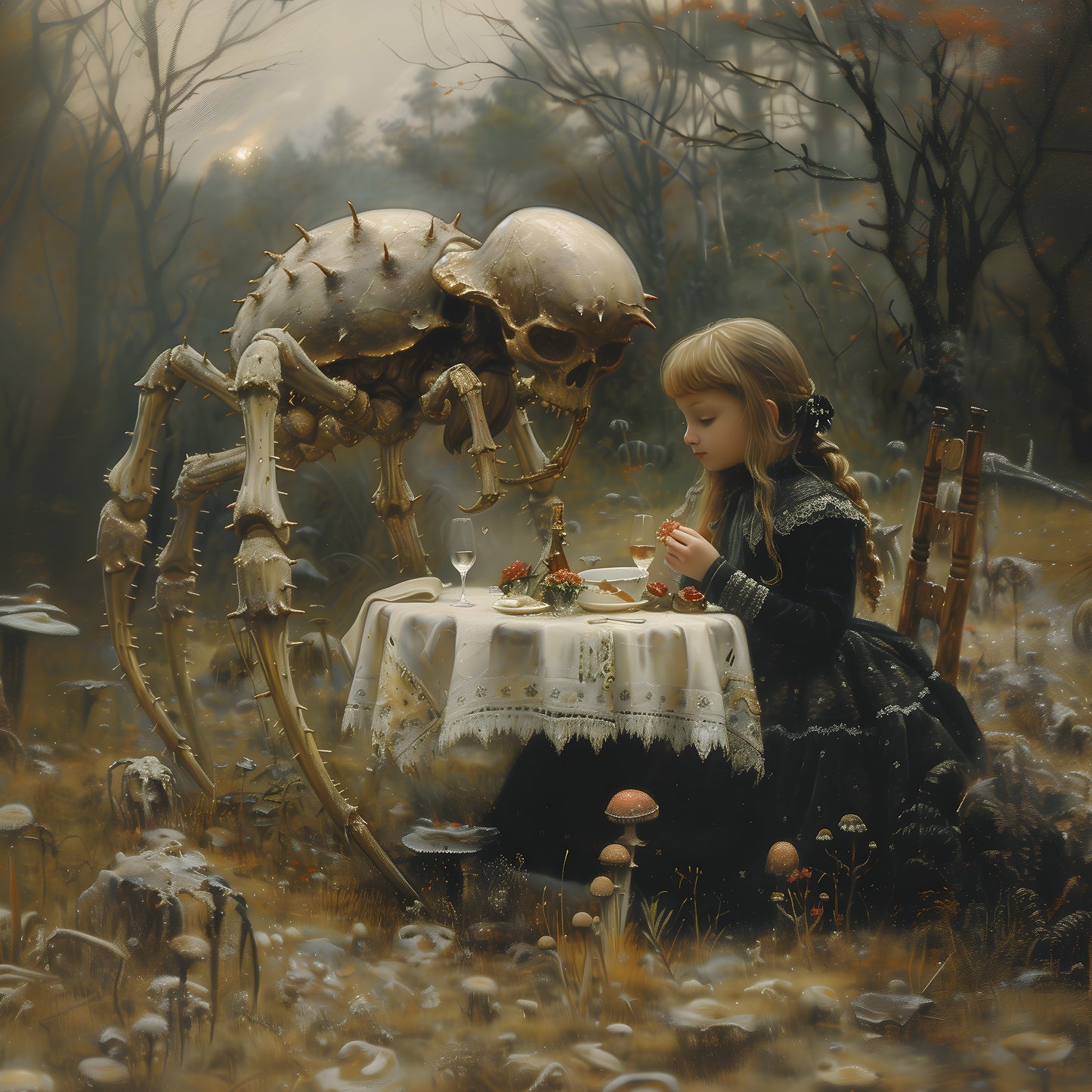 Digital artwork of a little girl in a gothic black dress having a peaceful dinner with a skeletal spider in a mushroom-filled, foggy forest. The scene blends innocence and horror with surreal elegance.