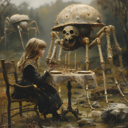 Macabre Poster of Little Girl having Dinner with Skeletal Spiders