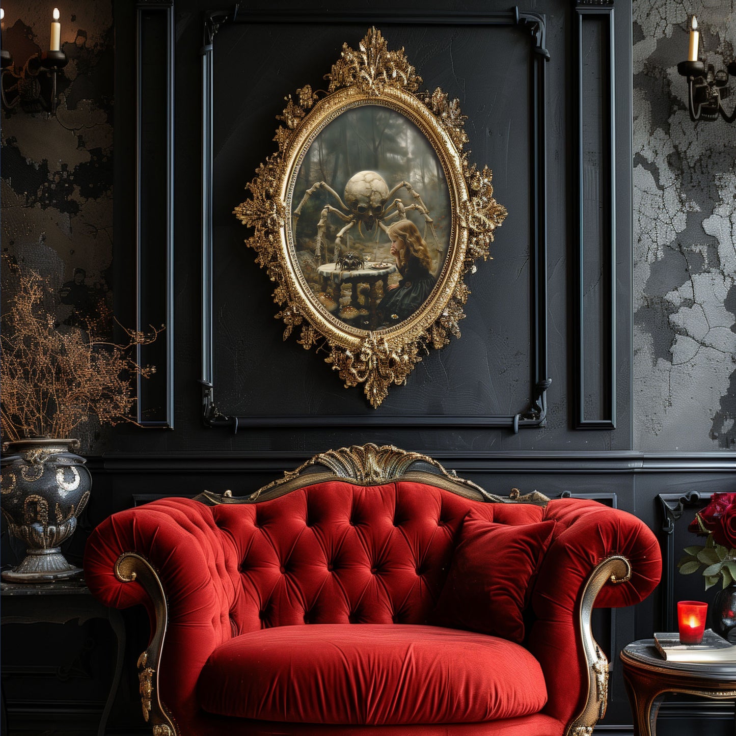 Macabre Poster of Little Girl having Dinner with Skeletal Spider