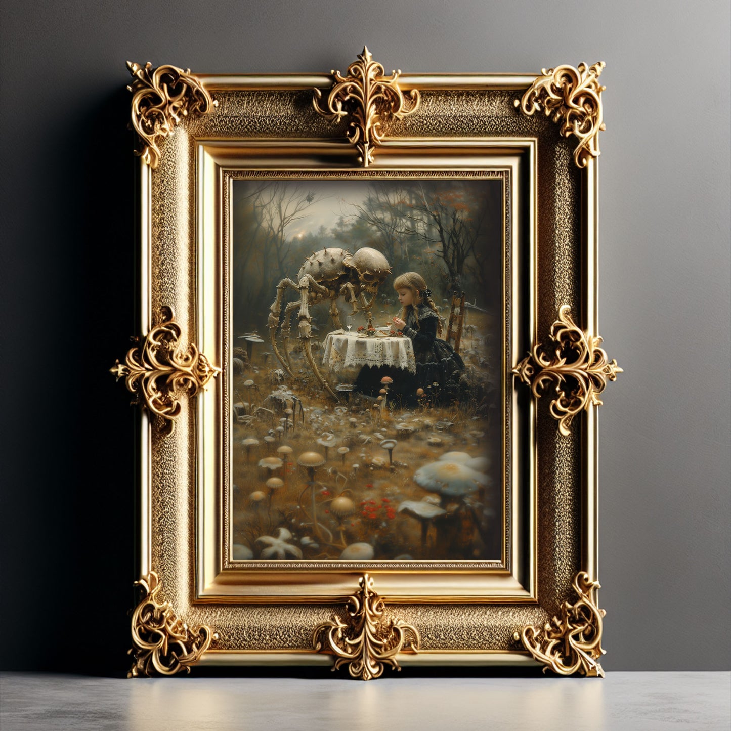 Digital artwork of a little girl in a gothic black dress having a peaceful dinner with a skeletal spider in a mushroom-filled, foggy forest. The scene blends innocence and horror with surreal elegance.