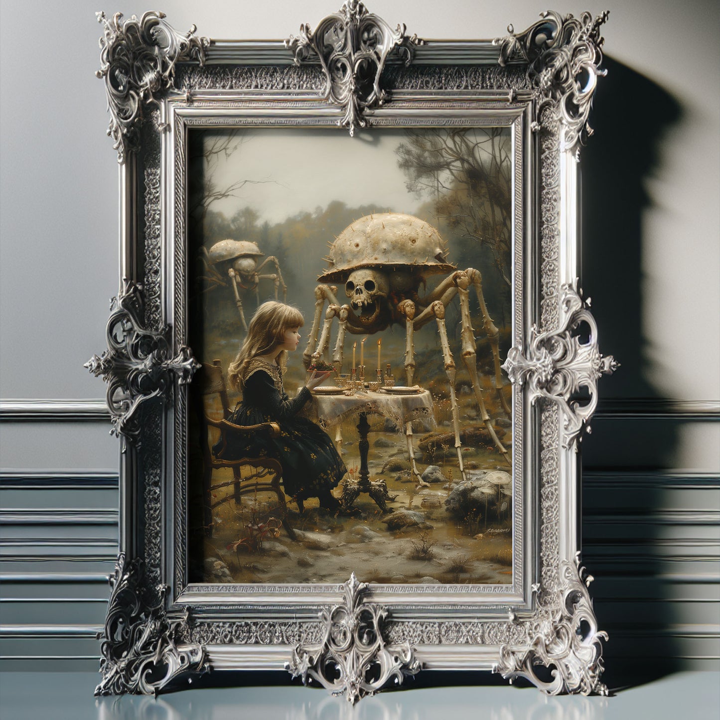 Macabre Poster of Little Girl having Dinner with Skeletal Spiders
