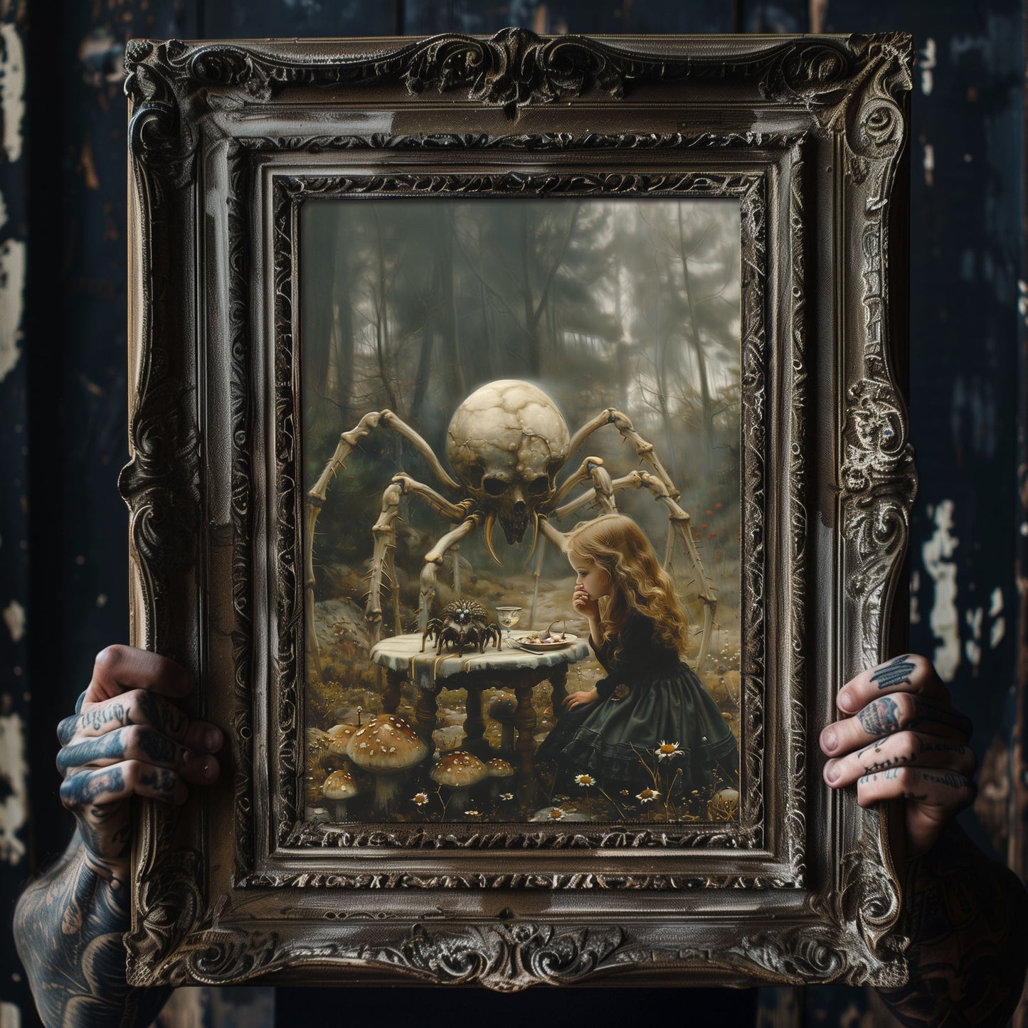 Macabre Poster of Little Girl having Dinner with Skeletal Spider