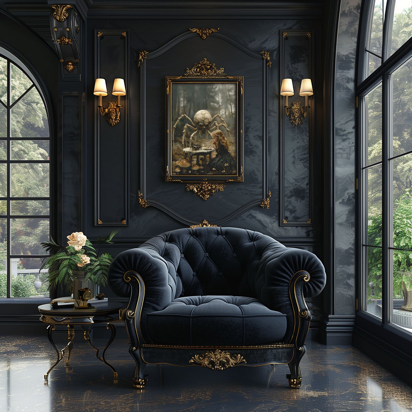 Macabre Poster of Little Girl having Dinner with Skeletal Spider