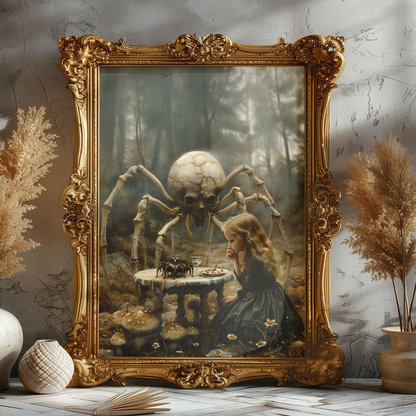Macabre Poster of Little Girl having Dinner with Skeletal Spider
