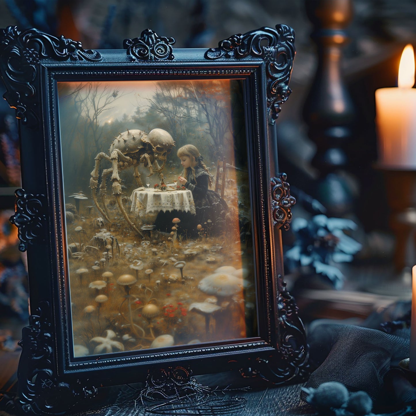 Digital artwork of a little girl in a gothic black dress having a peaceful dinner with a skeletal spider in a mushroom-filled, foggy forest. The scene blends innocence and horror with surreal elegance.