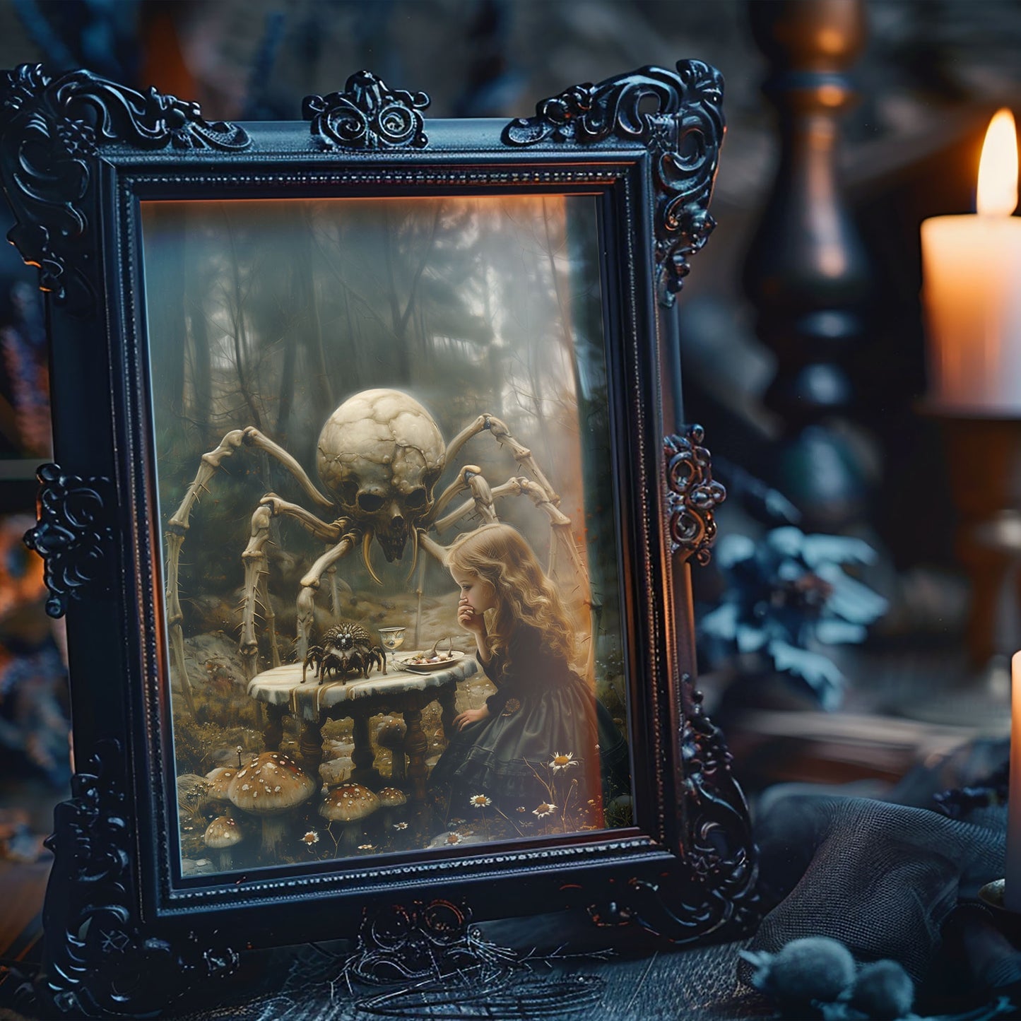 Macabre Poster of Little Girl having Dinner with Skeletal Spider