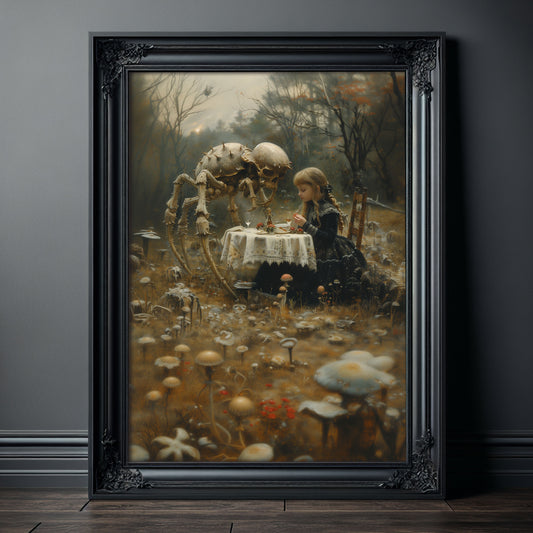 Macabre Poster of Little Girl having Dinner with Skeletal Spider