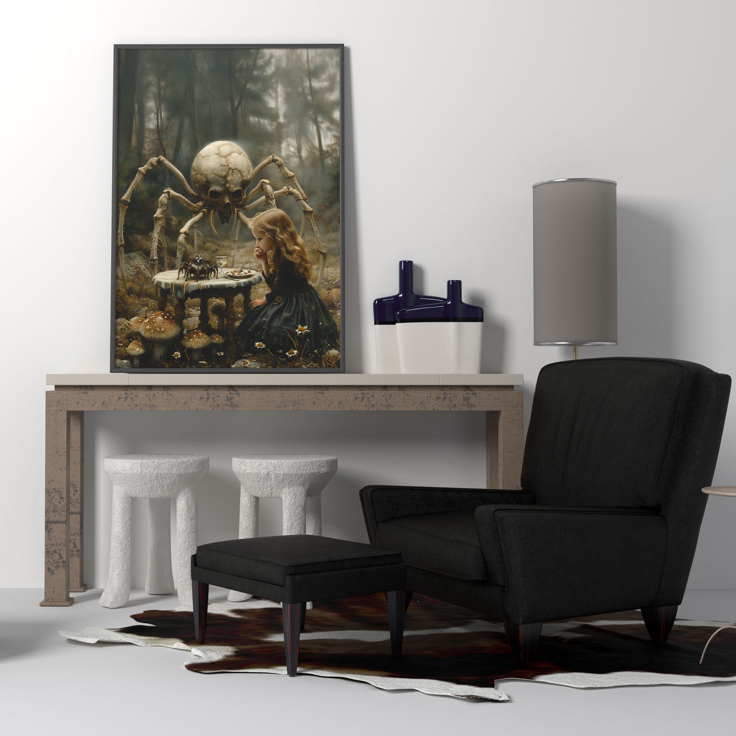 Macabre Poster of Little Girl having Dinner with Skeletal Spider