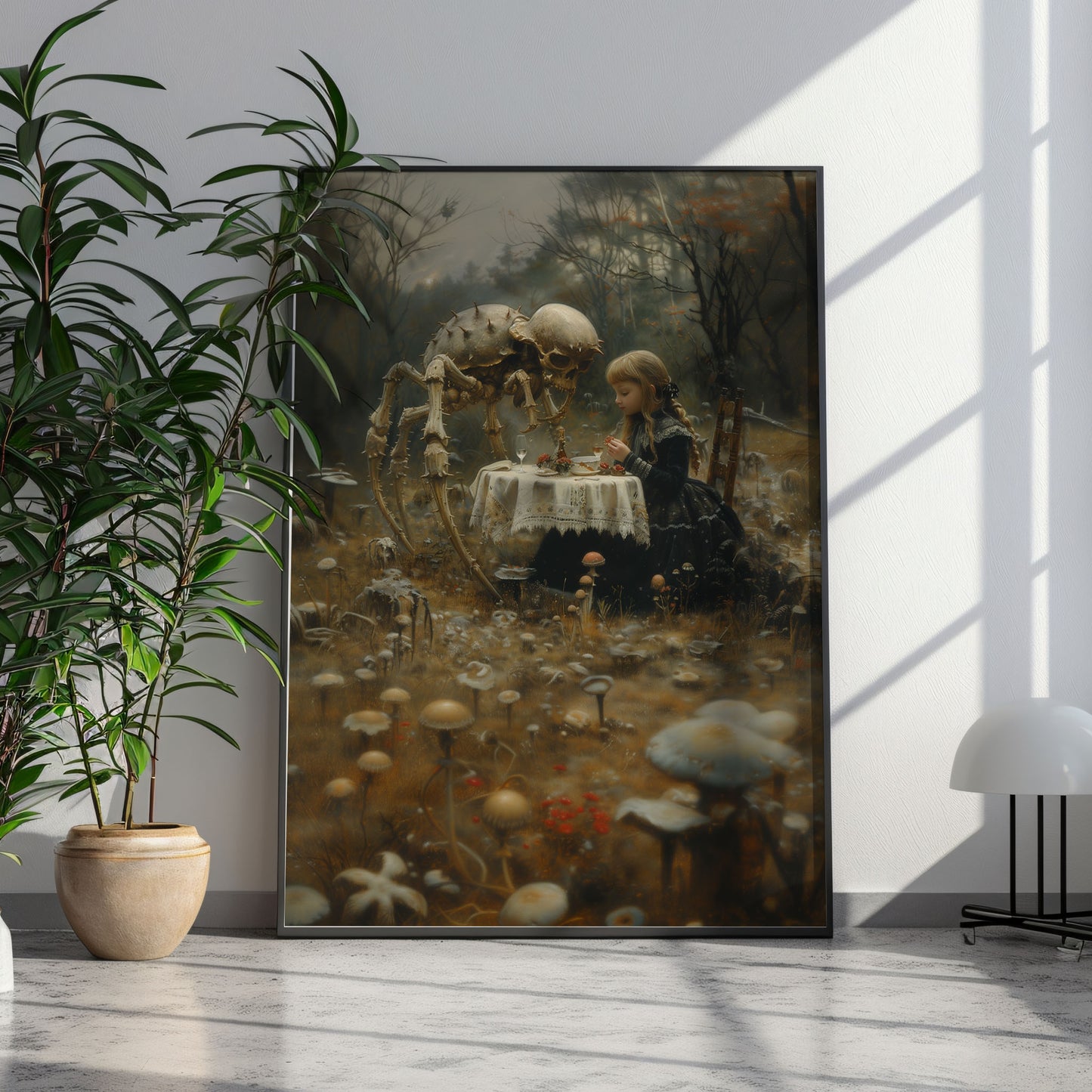 Digital artwork of a little girl in a gothic black dress having a peaceful dinner with a skeletal spider in a mushroom-filled, foggy forest. The scene blends innocence and horror with surreal elegance.