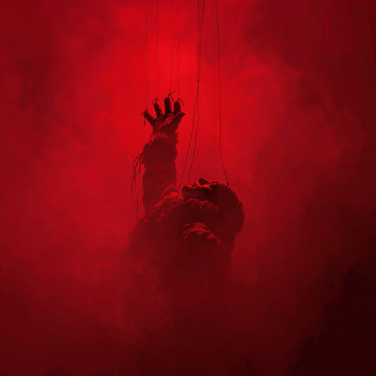 Marionette poster showing a red silhouette figure reaching upward through crimson smoke