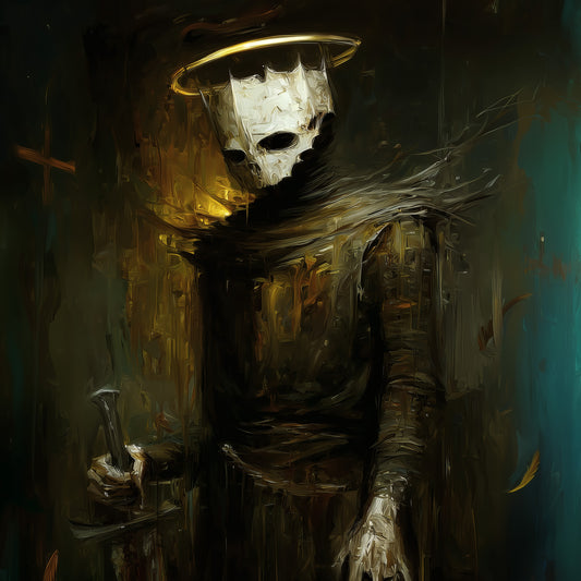 Gothic art medieval knight skeleton with golden halo memento mori dark wall decor