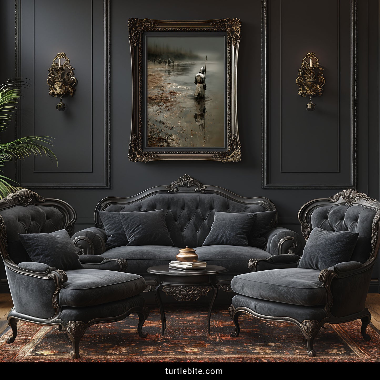 Atmospheric knight painting showing aftermath of battle with haunting mist and reflection