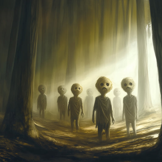 Eerie children with large heads and hollow eyes standing in a foggy forest, lit by golden light.