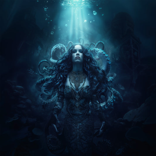 Sea witch surrounded by octopus tentacles in deep ocean scene