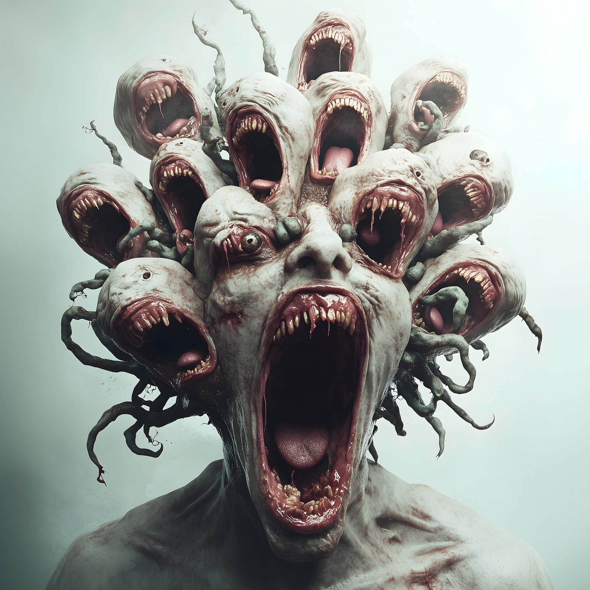 A digital horror artwork depicting a humanoid creature with multiple screaming mouths erupting from its head, surrounded by twisted root-like tendrils in a foggy void.