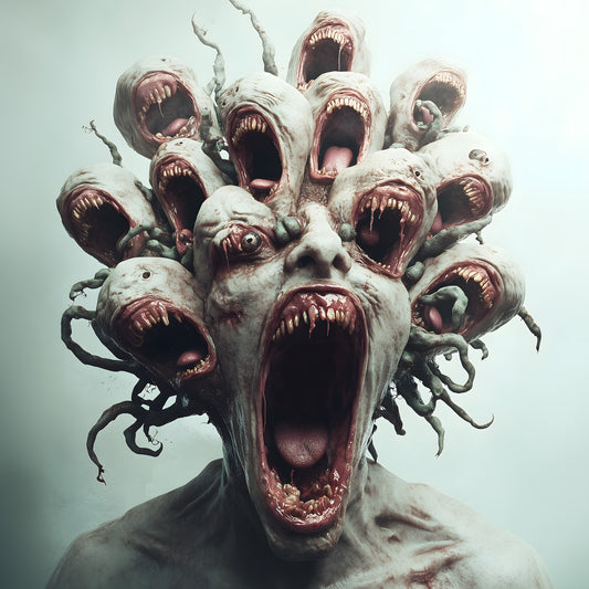 A digital horror artwork depicting a humanoid creature with multiple screaming mouths erupting from its head, surrounded by twisted root-like tendrils in a foggy void.