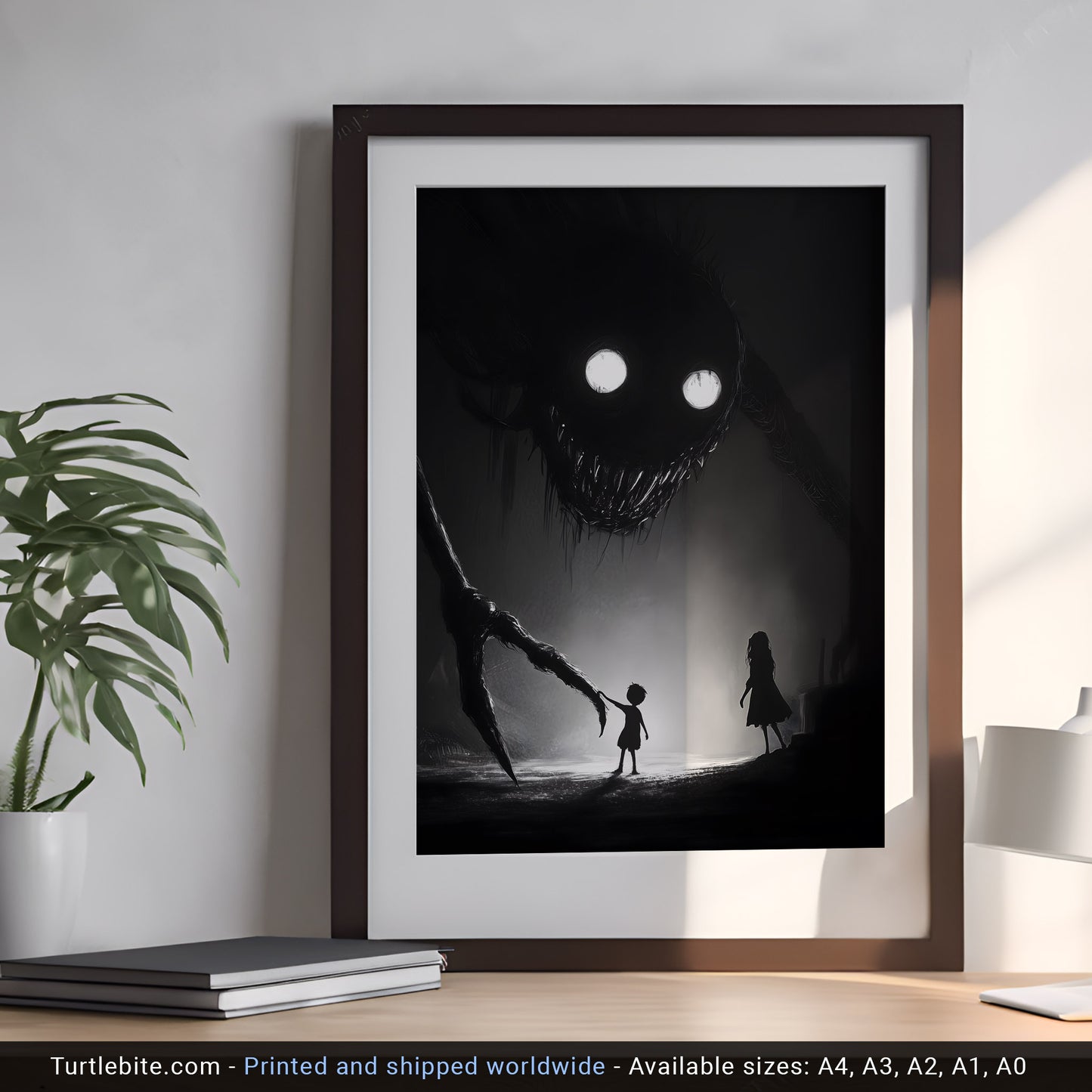 Mysterious Kids Playing with Monster Illustration Poster - Nightmare Large Wall Art - Witchy Frightening Prints