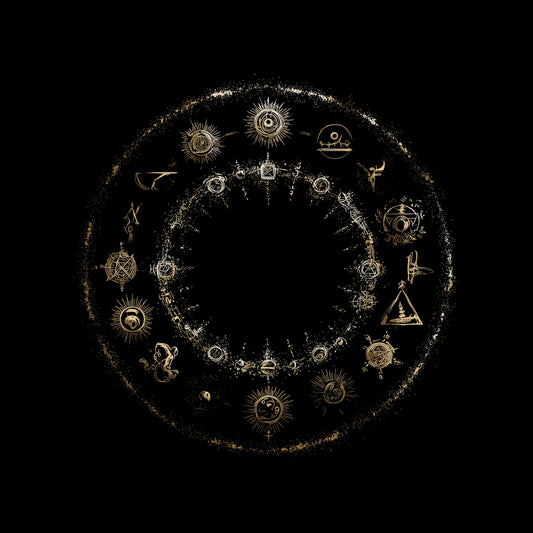 Occult t-shirt with golden celestial circle design featuring zodiac symbols and mystical elements