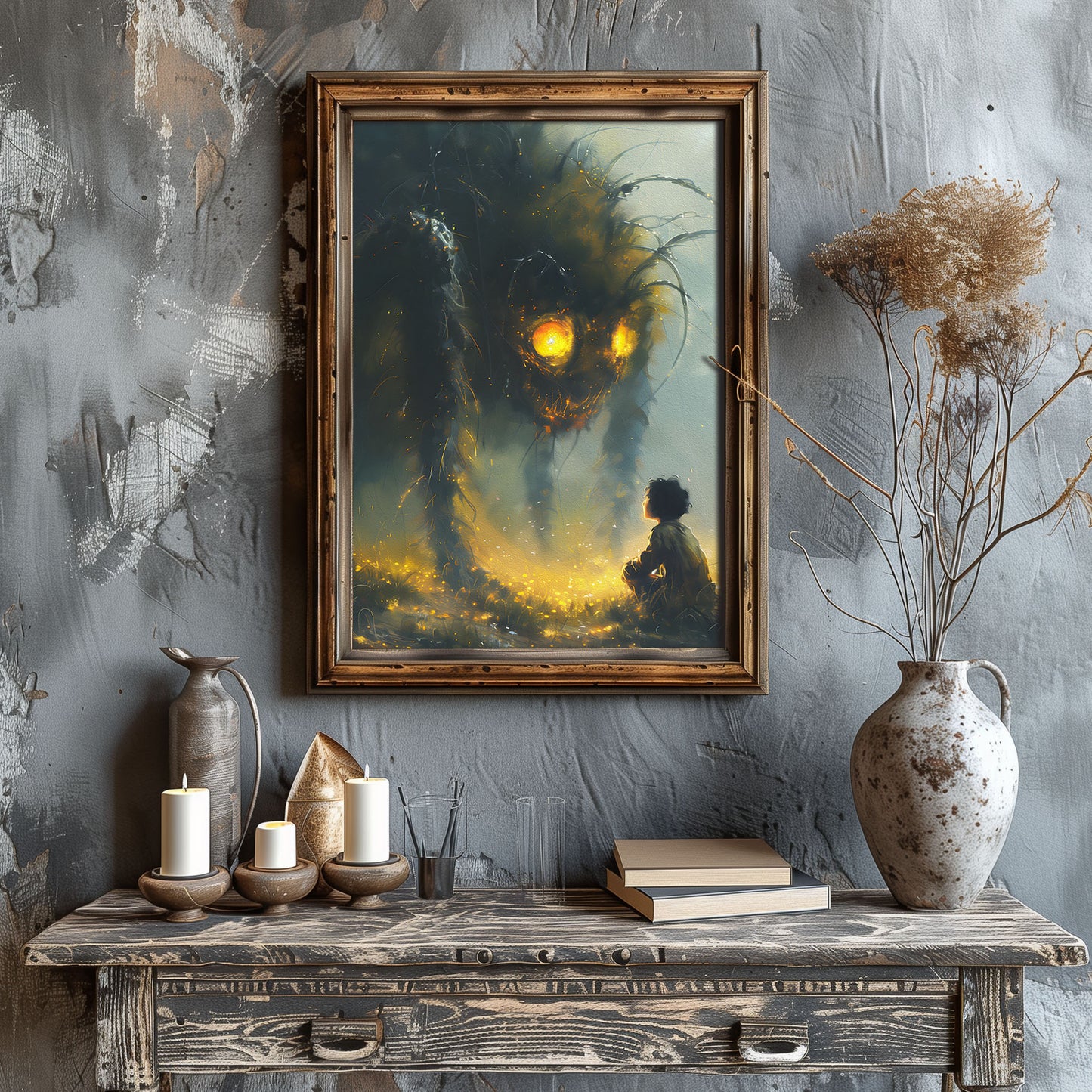 Poster Wall Art featuring a Boy and a Huge Spider
