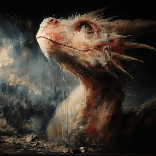 Peach-scaled dragon creature emerging from dark apocalyptic landscape with baroque painterly style