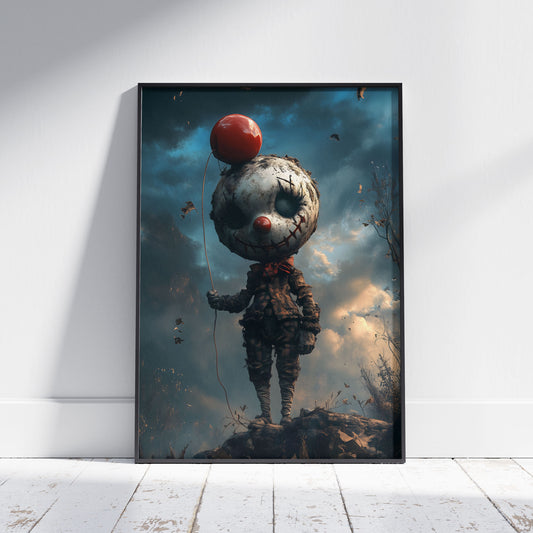 Quirky Clown on a Cliff Poster - Dark Bizarre Wall Art - Whimsigoth Clowncore Print