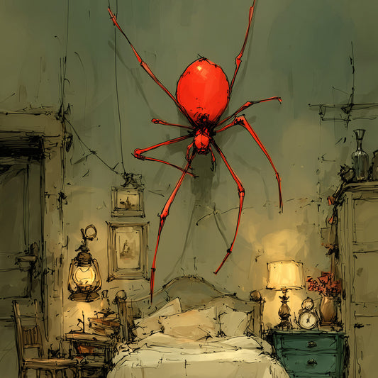Surreal art print showing giant red spider hanging above vintage bedroom with oil lamp and stacked books