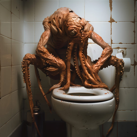 A digitally rendered, sad octopus-like monster with drooping tentacles slumped over a toilet in a grimy, dimly lit bathroom.