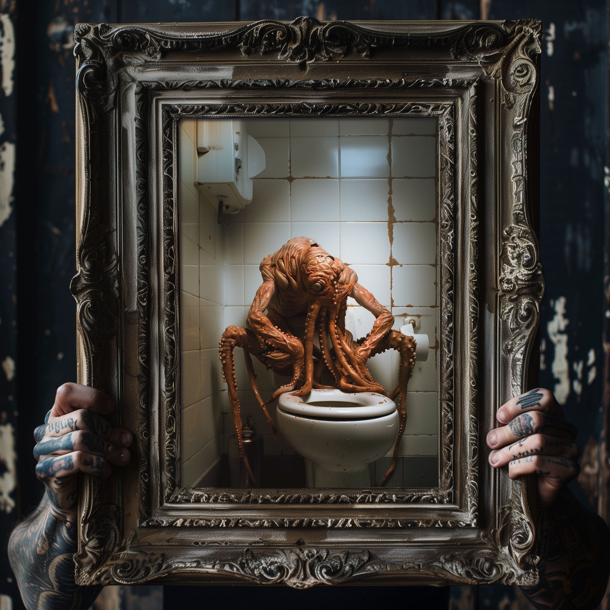 A digitally rendered, sad octopus-like monster with drooping tentacles slumped over a toilet in a grimy, dimly lit bathroom.