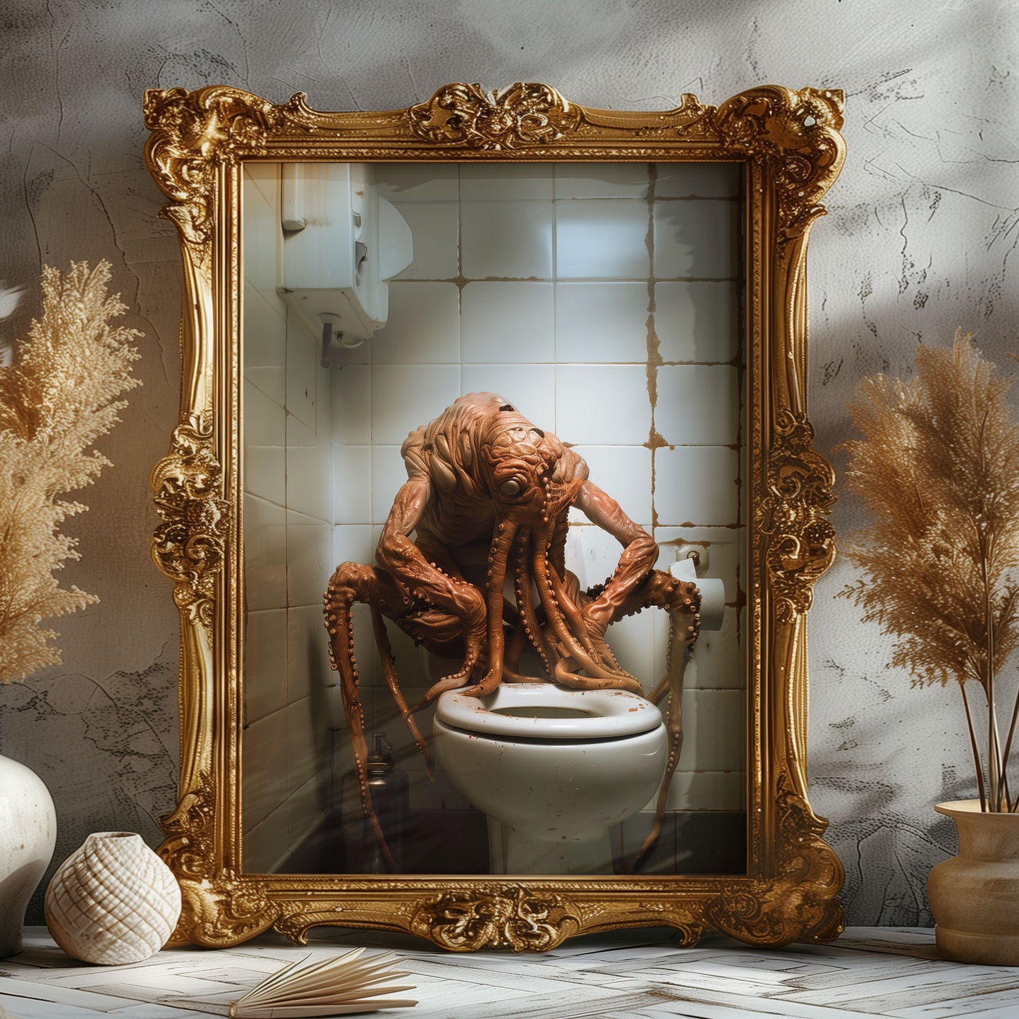 A digitally rendered, sad octopus-like monster with drooping tentacles slumped over a toilet in a grimy, dimly lit bathroom.