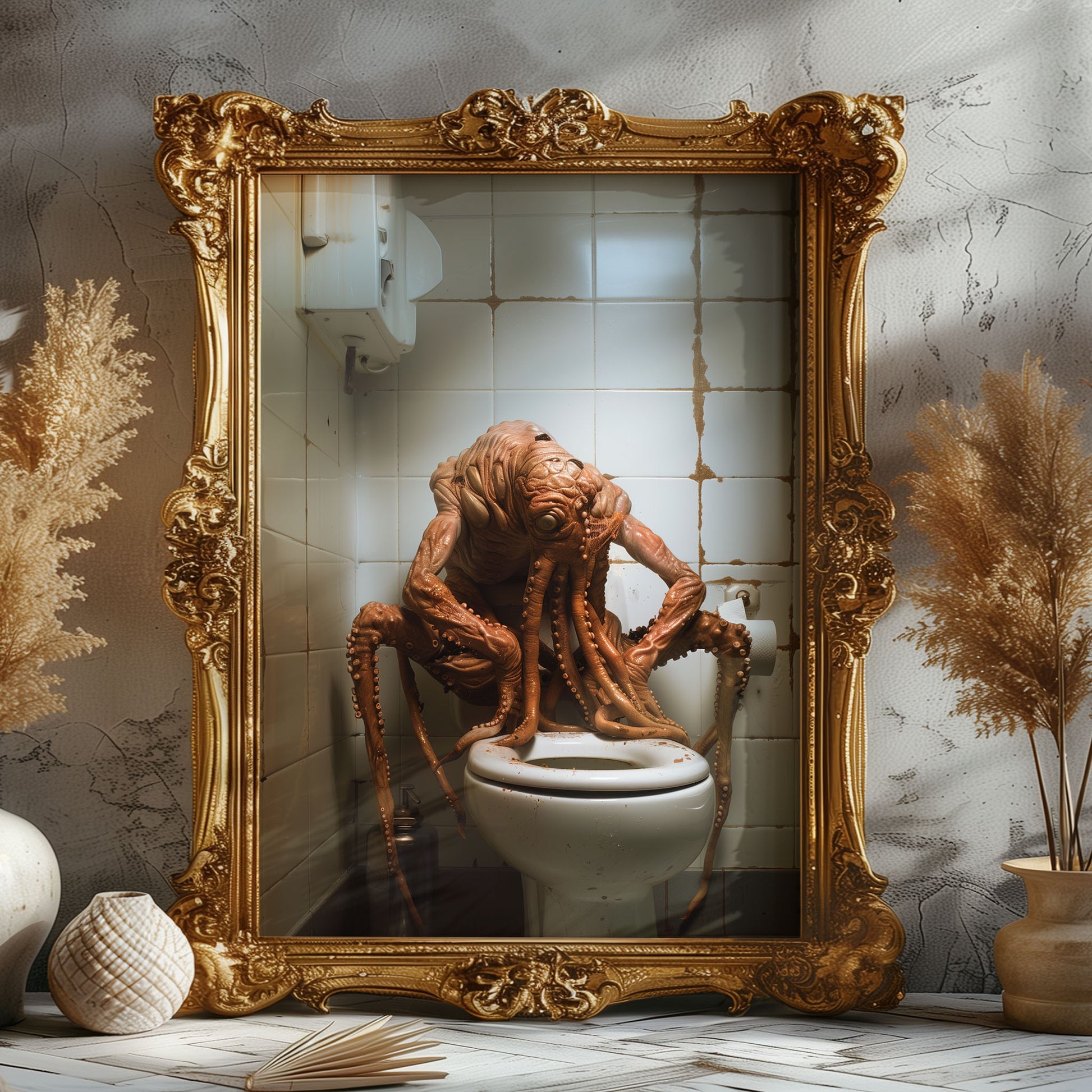 A digitally rendered, sad octopus-like monster with drooping tentacles slumped over a toilet in a grimy, dimly lit bathroom.