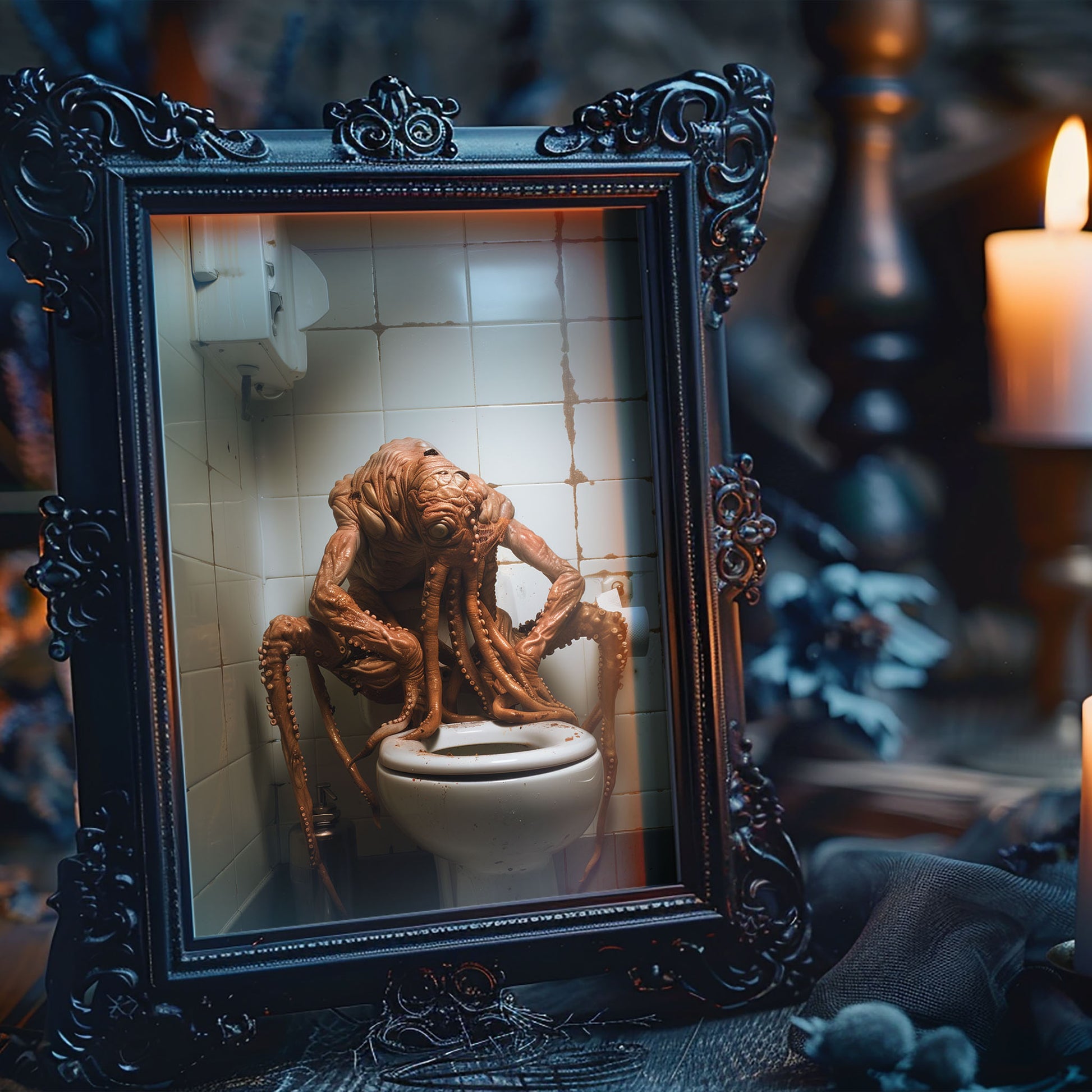 A digitally rendered, sad octopus-like monster with drooping tentacles slumped over a toilet in a grimy, dimly lit bathroom.
