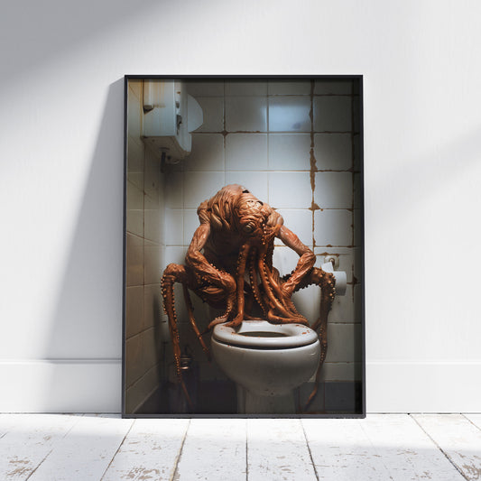 A digitally rendered, sad octopus-like monster with drooping tentacles slumped over a toilet in a grimy, dimly lit bathroom.