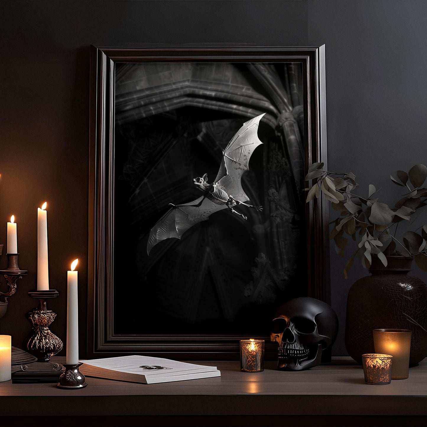 Creepy Skeletal Bat in Dark Church - Wall Art