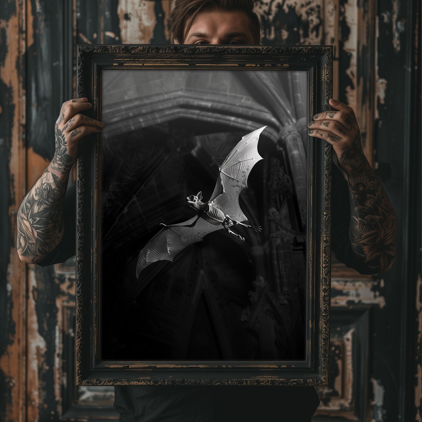 Creepy Skeletal Bat in Dark Church - Wall Art