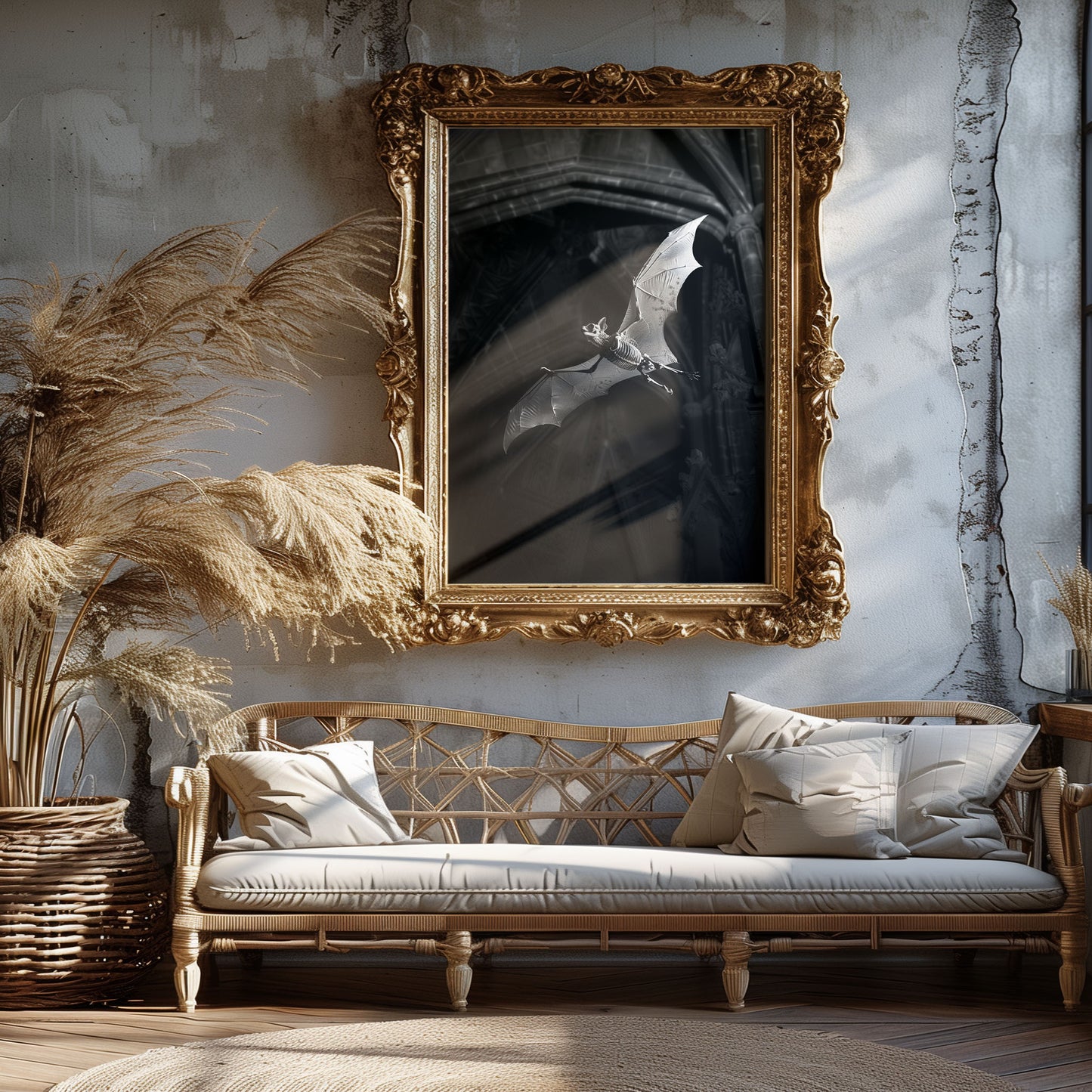 Creepy Skeletal Bat in Dark Church - Wall Art