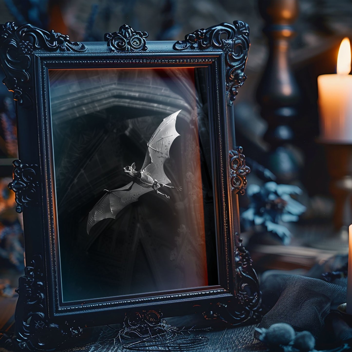 Creepy Skeletal Bat in Dark Church - Wall Art