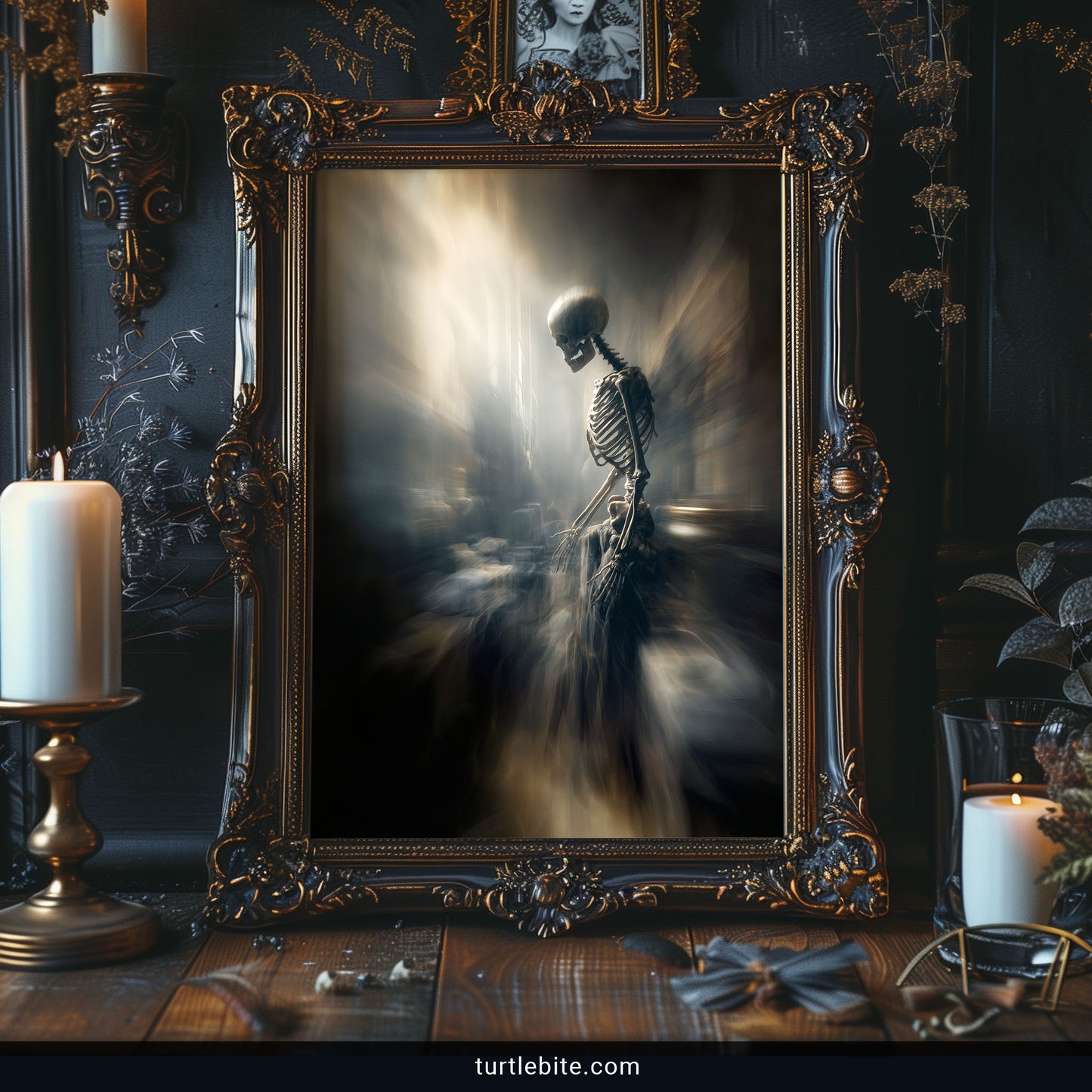 Dark academia skeleton artwork with golden rays - memento mori themed gothic wall decor poster print
