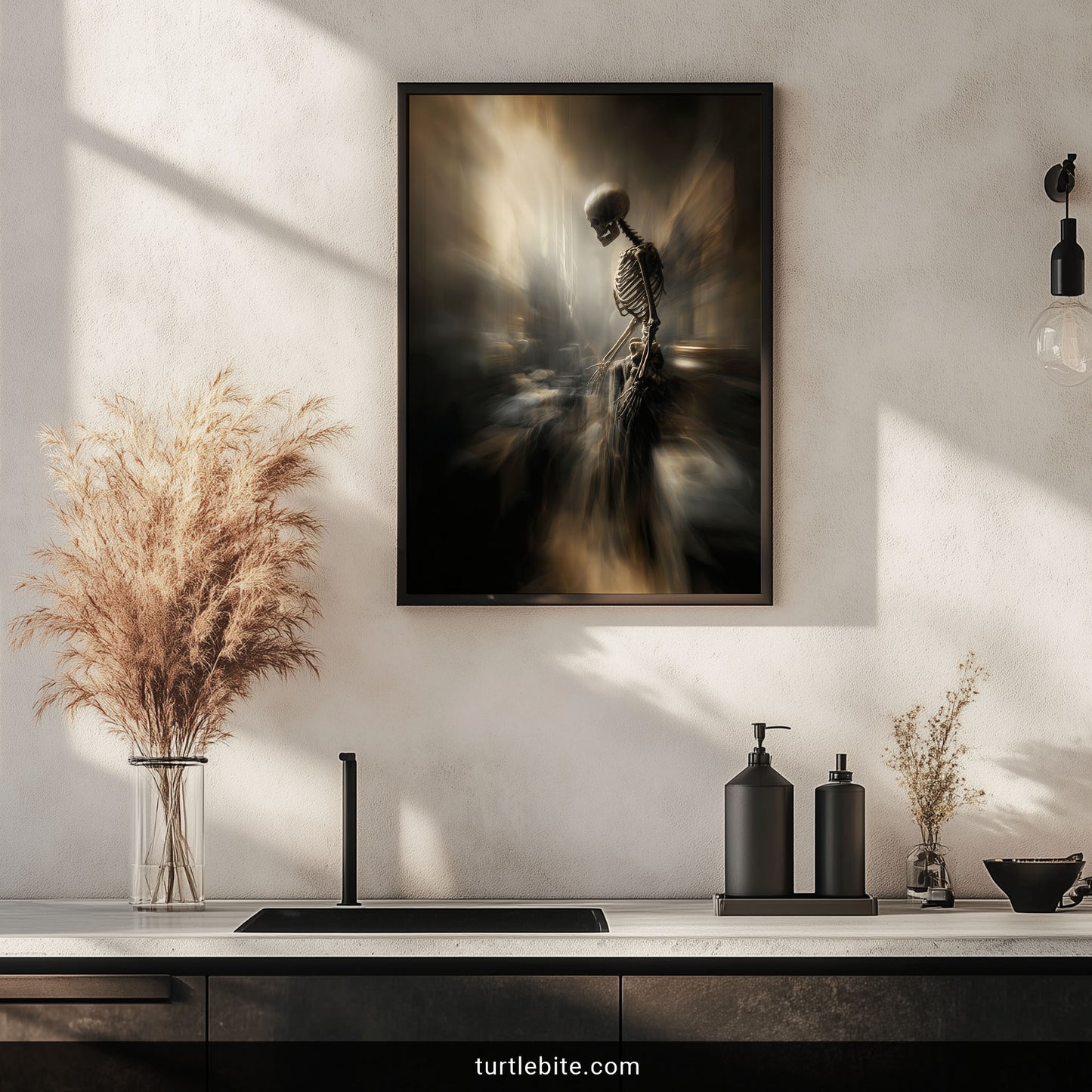 Mysterious skeletal figure in haunted corridor - creepy gothic horror wall art with cinematic lighting effect