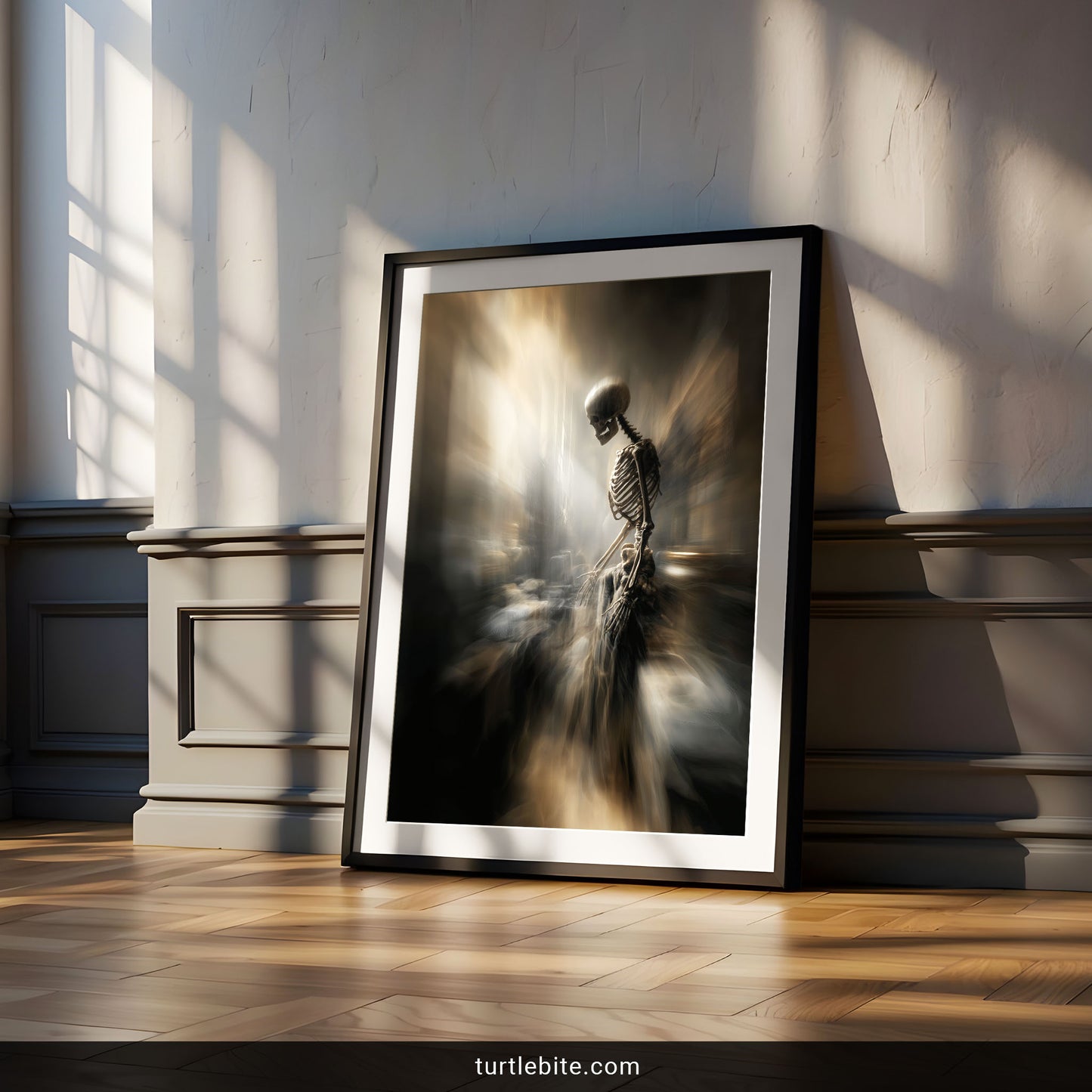 Haunting skeleton wall art in sepia tones - spooky horror aesthetic print with supernatural atmospheric quality