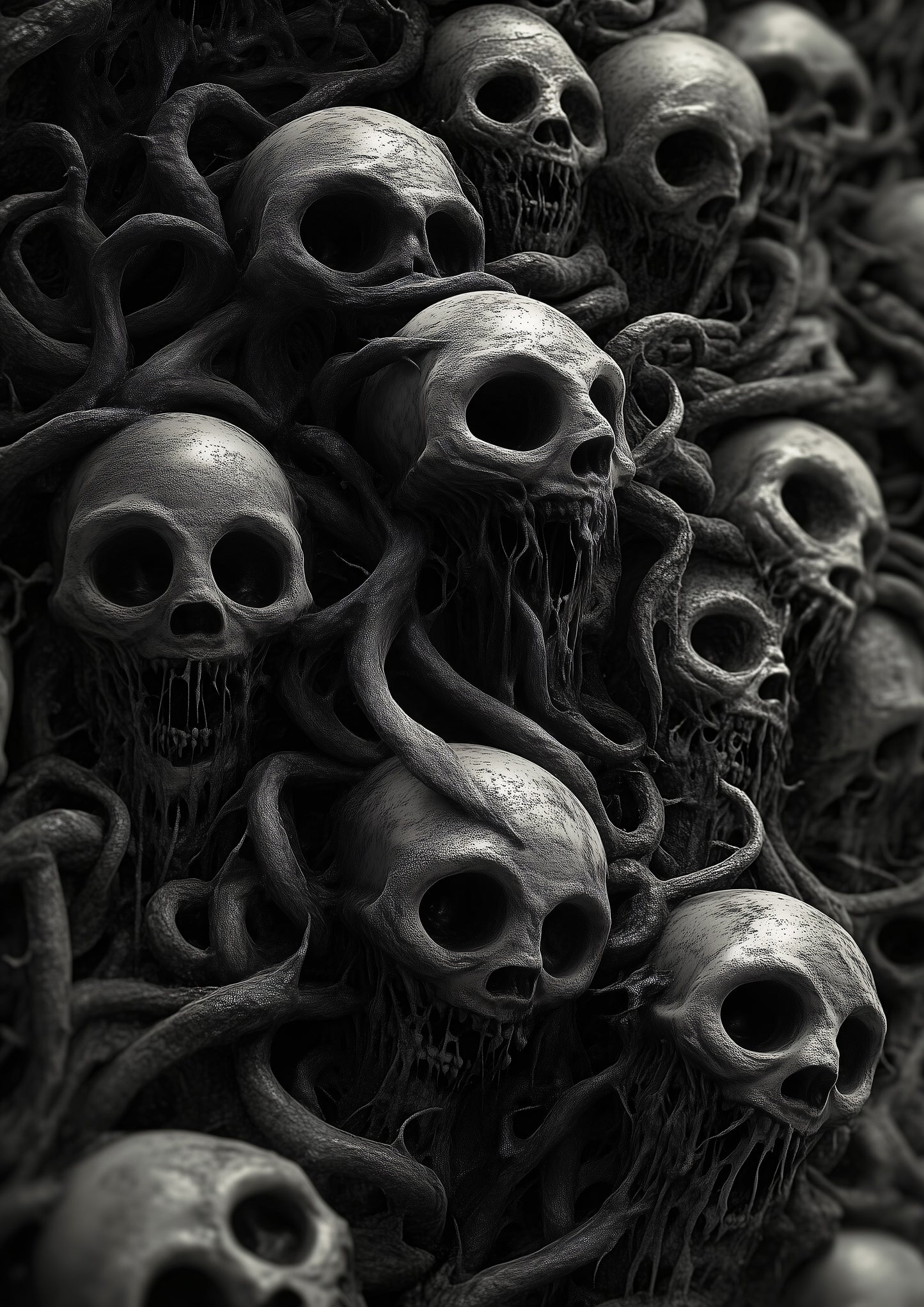 Highly detailed gothic skull wall art featuring twisted, dark sinews entwined around hollow-eyed skulls in a surreal horror aesthetic.