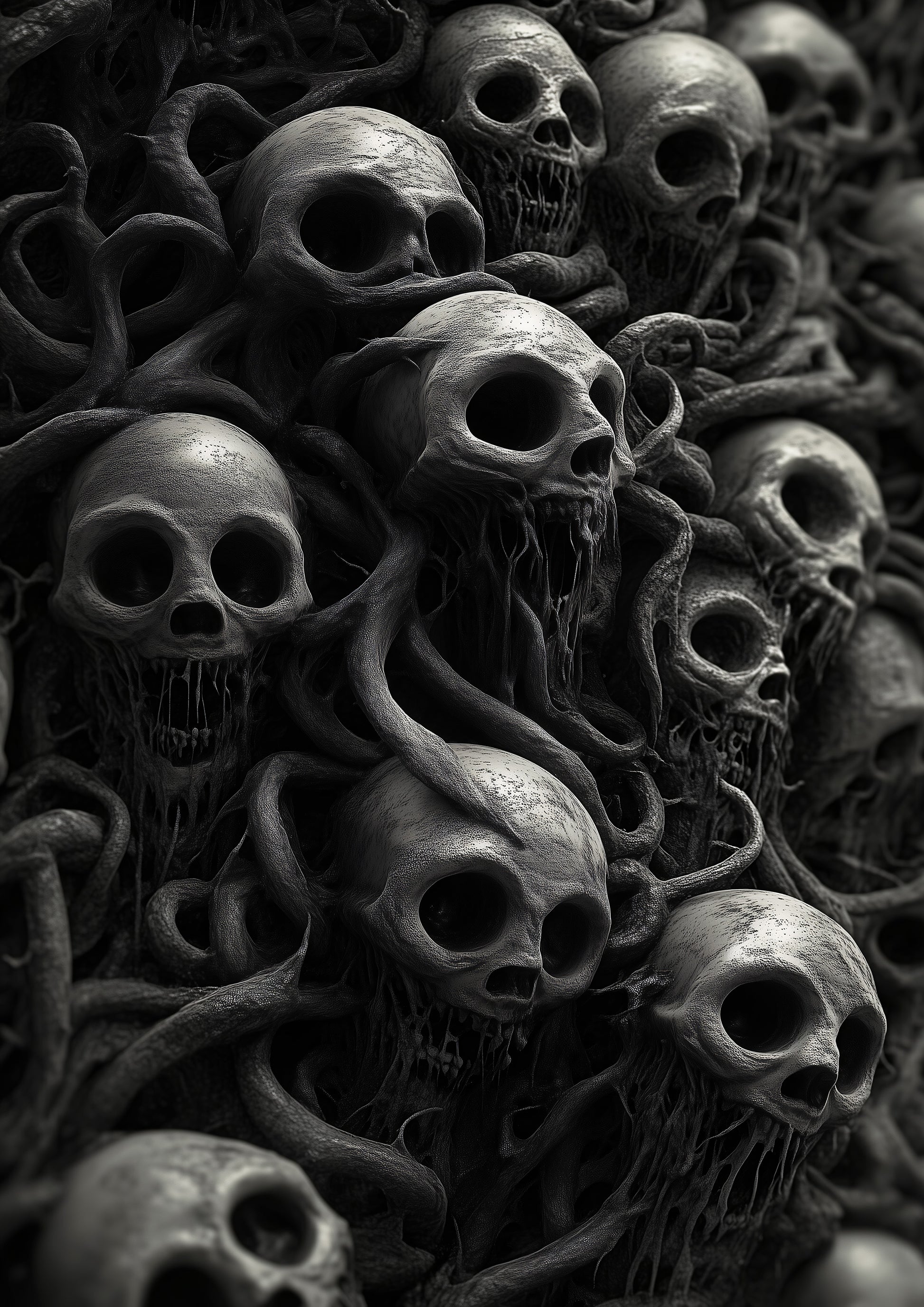 Highly detailed gothic skull wall art featuring twisted, dark sinews entwined around hollow-eyed skulls in a surreal horror aesthetic.