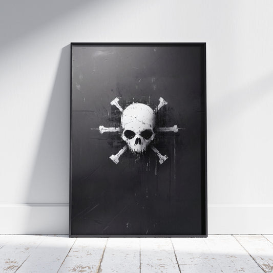 Grunge skull and crossbones wall art with distressed black and white design