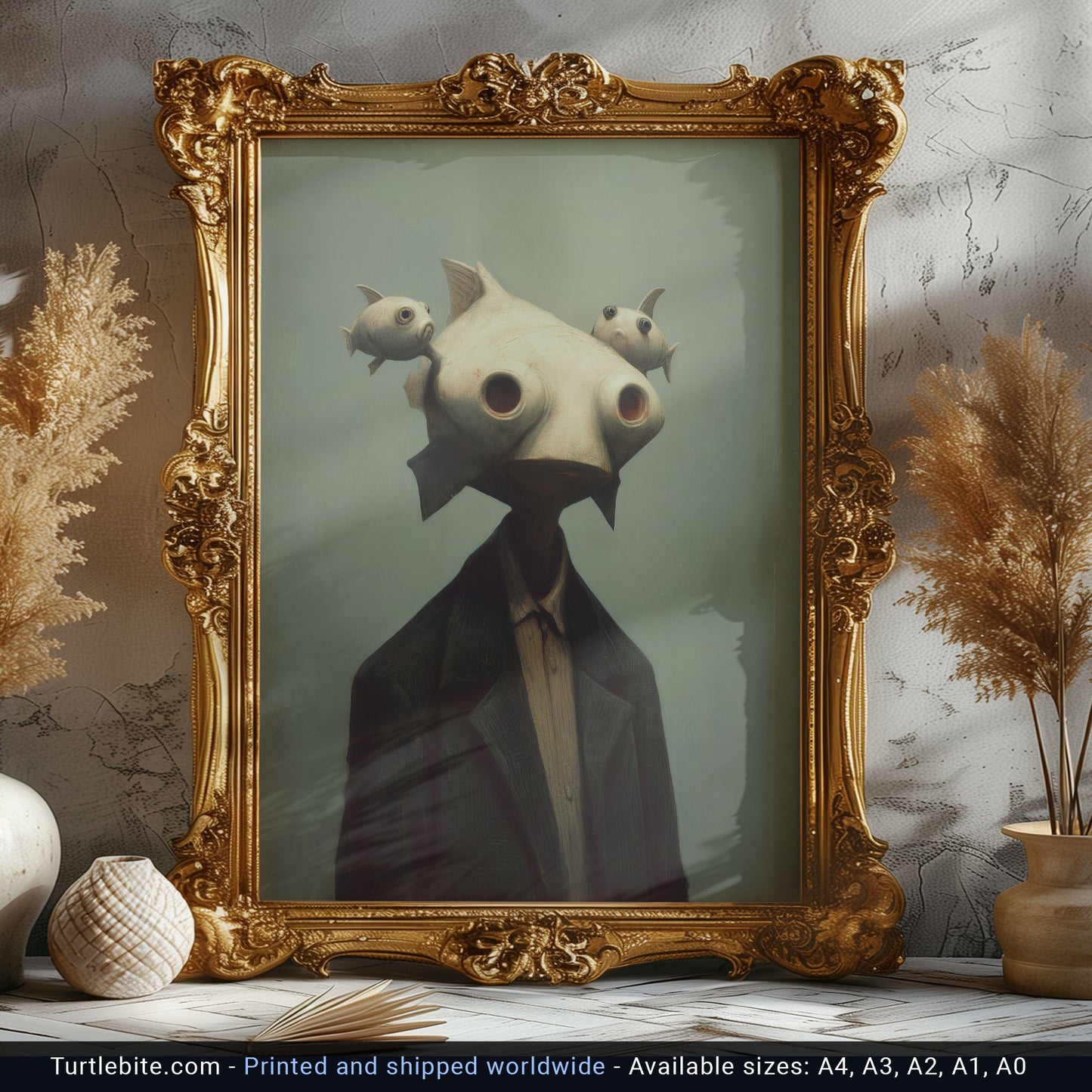 Surreal Fish Head Man Art Print - Dark Gothic Wall Decor