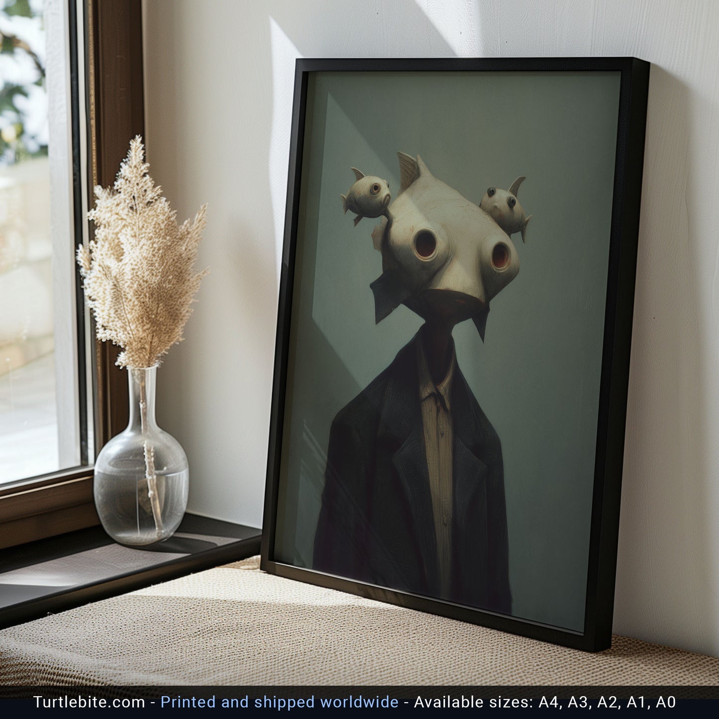Surreal Fish Head Man Art Print - Dark Gothic Wall Decor