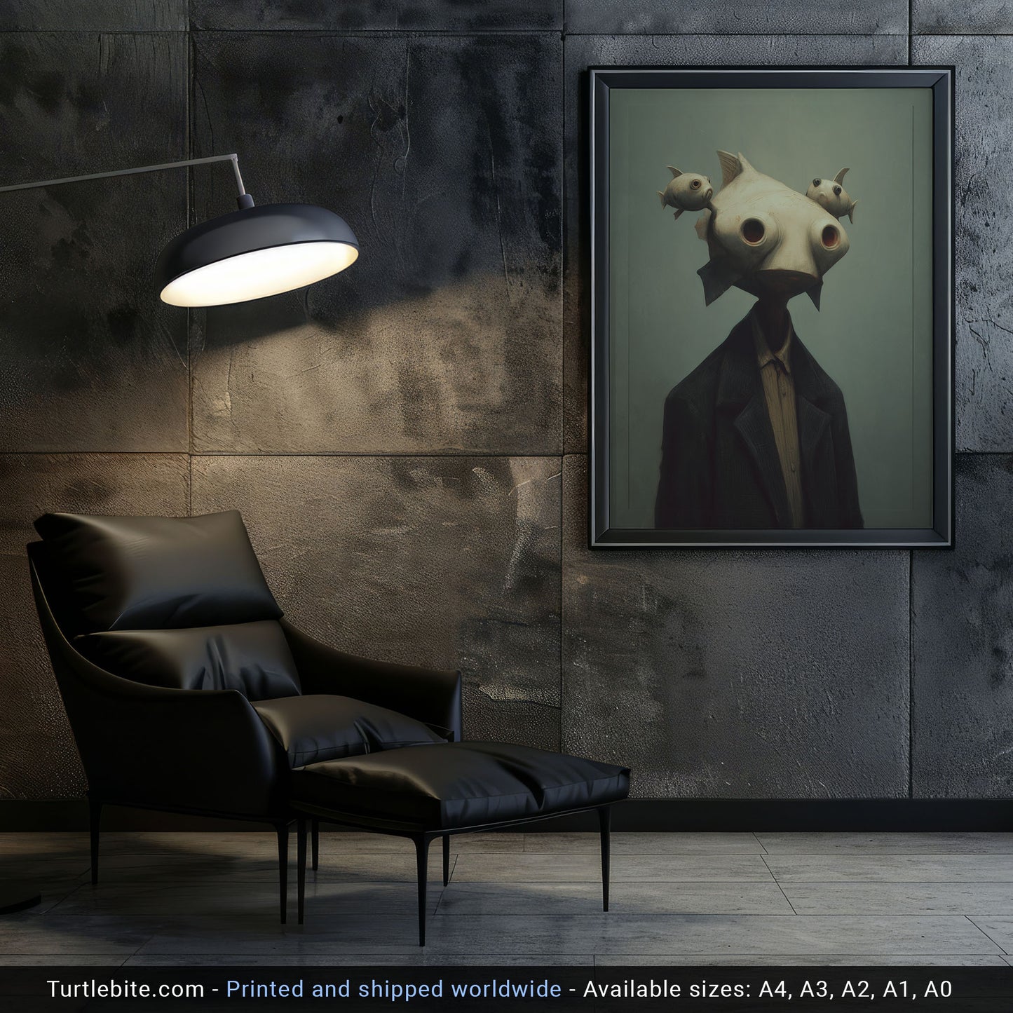Surreal Fish Head Man Art Print - Dark Gothic Wall Decor