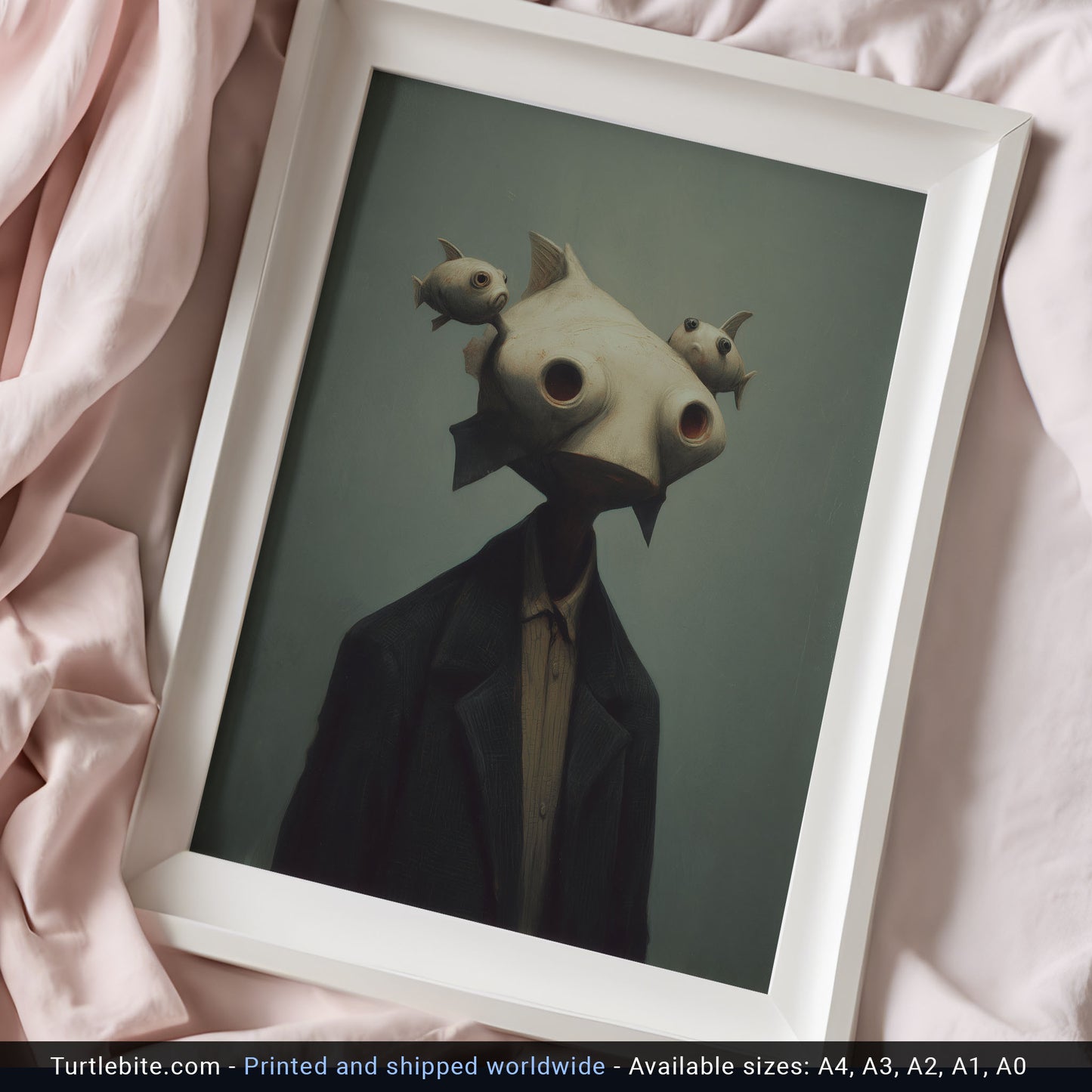 Creepy oddity artwork depicting well-dressed fish man against moody atmospheric background
