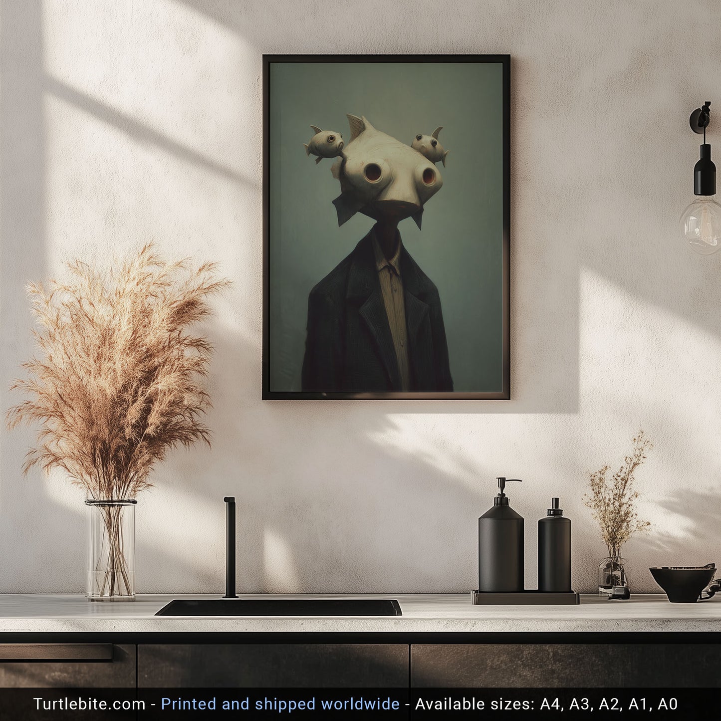 Strange macabre home decor print with surreal fish-headed figure in vintage style