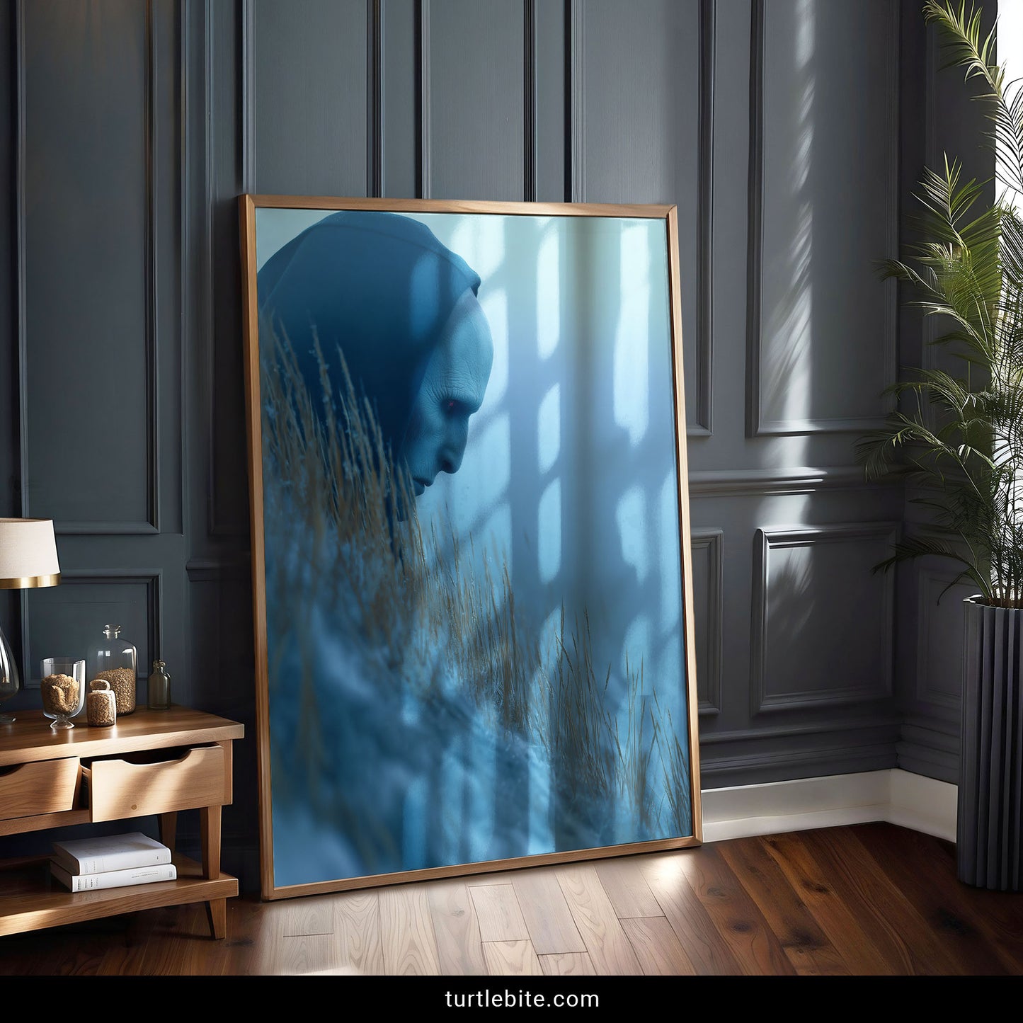 Dark art poster of mysterious entity in blue fog with disturbing organic textures and spines